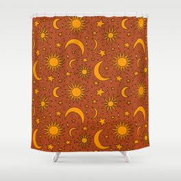 Vintage Sun and Star Print in Rust Shower Curtain
