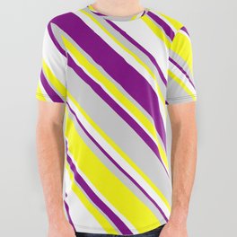 [ Thumbnail: White, Purple, Light Gray & Yellow Colored Lines Pattern All Over Graphic Tee ]
