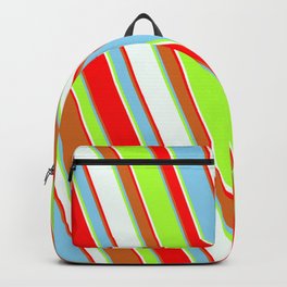 [ Thumbnail: Colorful Chocolate, Sky Blue, Light Green, Mint Cream, and Red Colored Lined/Striped Pattern Backpack ]