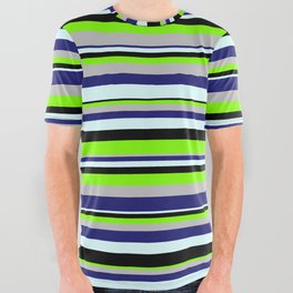 [ Thumbnail: Vibrant Chartreuse, Grey, Midnight Blue, Light Cyan & Black Colored Lined/Striped Pattern All Over Graphic Tee ]