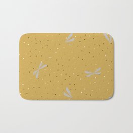Silver Dragonfly Christmas seamless pattern and Gold Confetti on Yellow Gold Background Bath Mat