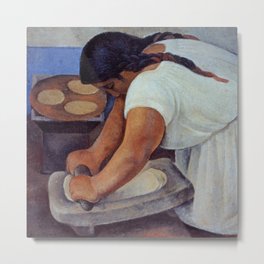 La Familia, La molendera - The Meal Grinder, Mexican portrait painting by Diego Rivera Metal Print