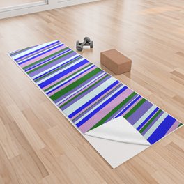 [ Thumbnail: Colorful Plum, Blue, Light Cyan, Slate Blue & Dark Green Colored Striped/Lined Pattern Yoga Towel ]