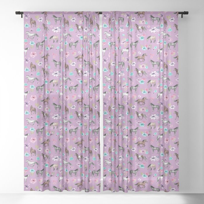 Purple Horse and Flower Print, Horse Art, Horse Decor, Pony, Watercolor Floral Sheer Curtain