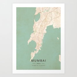Mumbai, India - Vintage Map Art Print