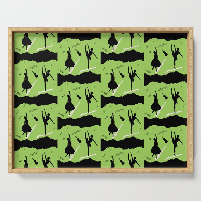 Two ballerina figures in black on green paper Serving Tray