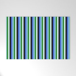[ Thumbnail: Eyecatching Royal Blue, Sky Blue, Forest Green, Light Cyan, and Black Colored Lines/Stripes Pattern Welcome Mat ]