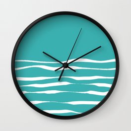 Wavy Ink Stripes Organic Minimalist Modern Half Pattern in Blue Ocean Turquoise Teal Wall Clock