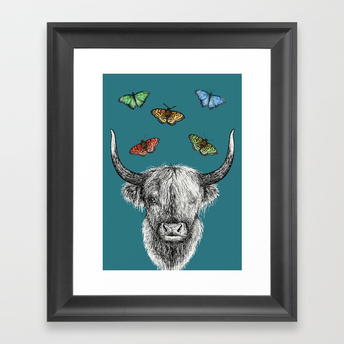 Heather the Highland Cow, Butterflies, pen and ink illustrations, blue Framed Art Print