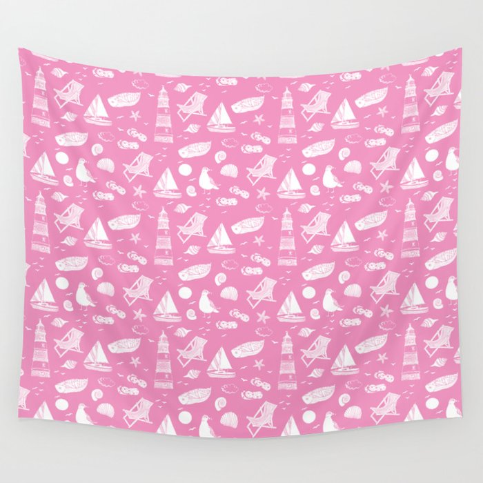 Pink And White Summer Beach Elements Pattern Wall Tapestry