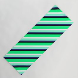[ Thumbnail: Eyecatching Green, White, Aquamarine, Midnight Blue & Black Colored Stripes Pattern Yoga Mat ]