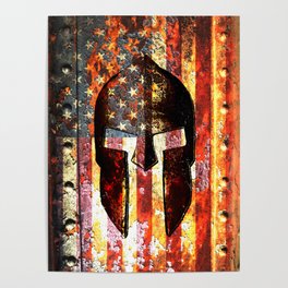 American Flag And Spartan Helmet On Rusted Metal Door - Molon Labe Poster