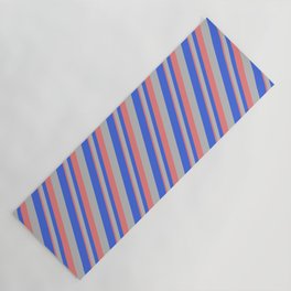 [ Thumbnail: Light Coral, Grey, and Royal Blue Colored Striped/Lined Pattern Yoga Mat ]
