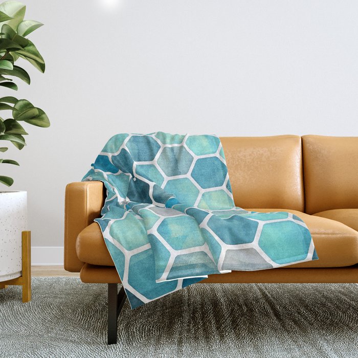 Blue Ink - watercolor hexagon pattern Throw Blanket