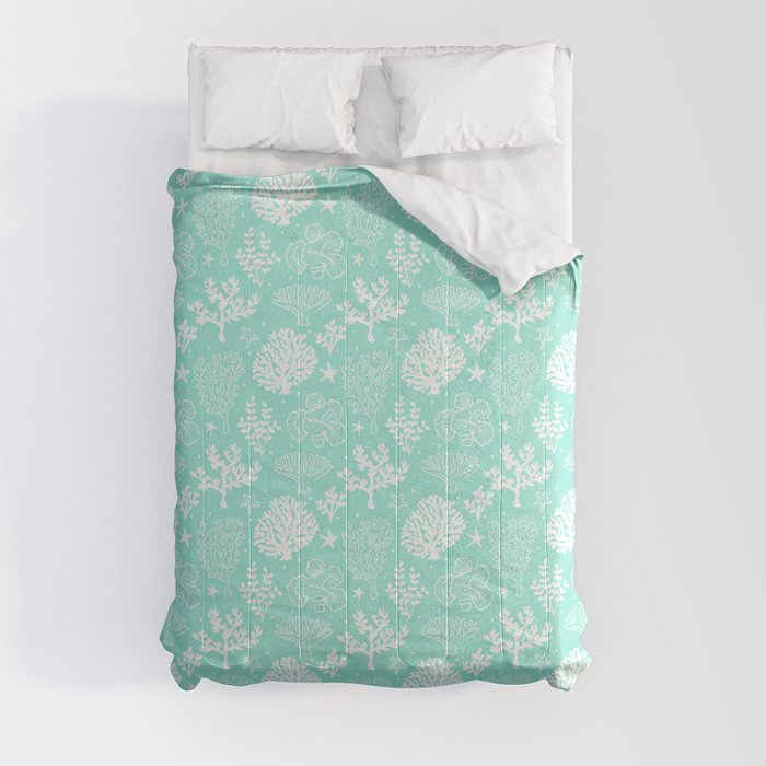 Mint Blue And White Coral Silhouette Pattern Comforter