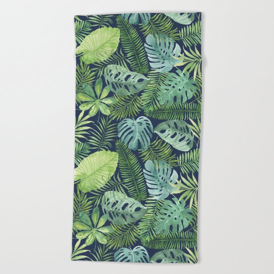 Tropical Branches on Dark Pattern 08 Beach Towel