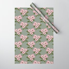 Vintage pink floral with green leaves seamless pattern on green background Wrapping Paper
