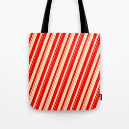 [ Thumbnail: Tan and Red Colored Lines Pattern Tote Bag ]