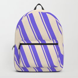 [ Thumbnail: Beige and Medium Slate Blue Colored Striped Pattern Backpack ]
