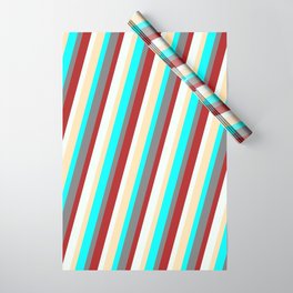 [ Thumbnail: Eye-catching Beige, Aqua, Gray, Red & Mint Cream Colored Striped/Lined Pattern Wrapping Paper ]