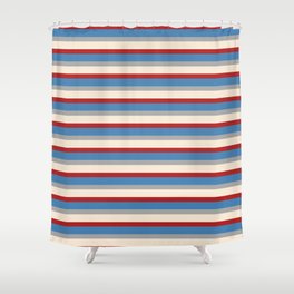 [ Thumbnail: Red, Blue, Dark Grey & Beige Colored Lines/Stripes Pattern Shower Curtain ]