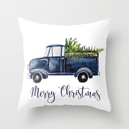 Blue Christmas Truck Throw Pillow