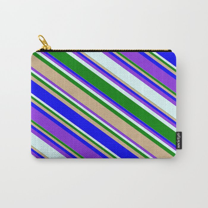 Colorful Green, Tan, Blue, Purple, and Light Cyan Colored Striped/Lined Pattern Carry-All Pouch