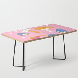 Retro mushrooms and smiles and sparkles. Pink background. Coffee Table