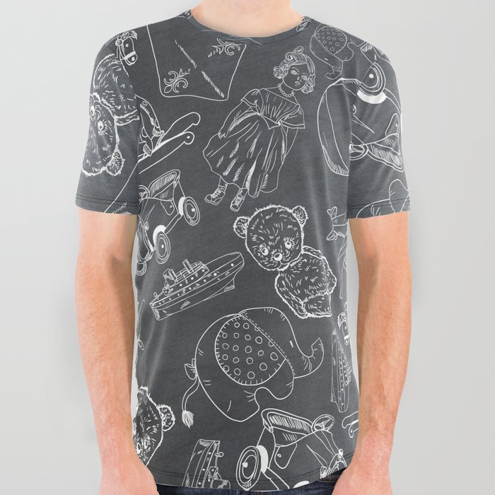 Black Chalkboard With White Children Toys Seamless Pattern All Over Graphic Tee