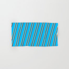 [ Thumbnail: Deep Sky Blue, Tan & Maroon Colored Stripes/Lines Pattern Hand & Bath Towel ]