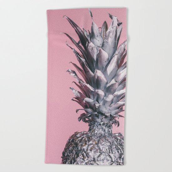 Silver and pink tropical pineapple Beach Towel
