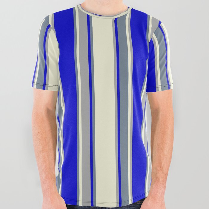 Beige, Dark Grey, Blue, and Slate Gray Colored Pattern of Stripes All Over Graphic Tee