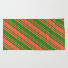 [ Thumbnail: Red and Forest Green Colored Striped Pattern Beach Towel ]