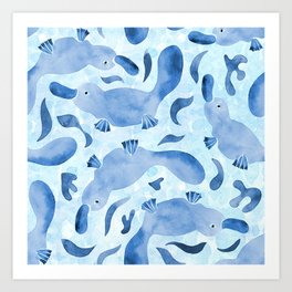 Watercolor Swimming Platypus | Blue  Art Print