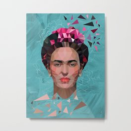 Frida Kahlo - Geometric, Mixed-Media Portrait - Teal Background Metal Print