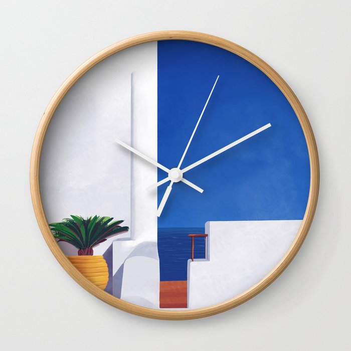 Beyond the White Wall - Santorini, Greece - Minimal Travel Print - Romantic Coastal Vibes Wall Clock