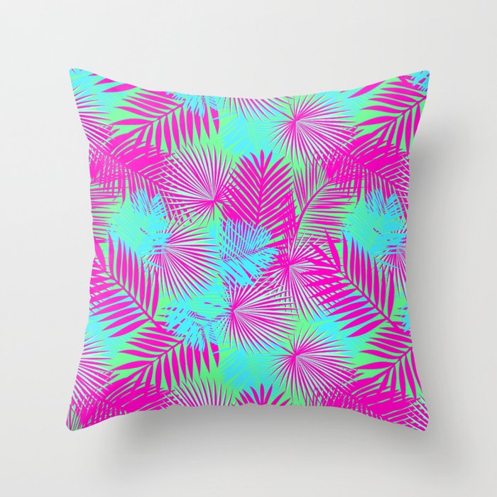Neon Pink & Blue Tropical Print Throw Pillow