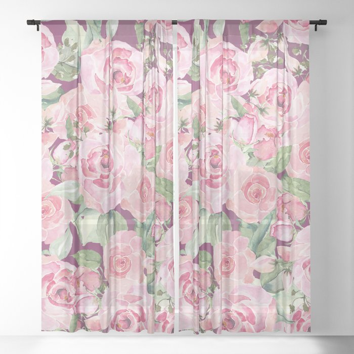 Watercolor Blush Pink Coral Red Burgundy Floral Sheer Curtain By