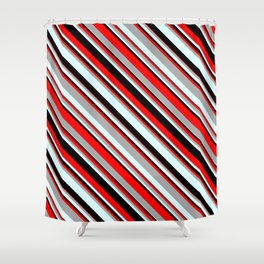 [ Thumbnail: Red, Dark Grey, Light Cyan, and Black Colored Striped Pattern Shower Curtain ]