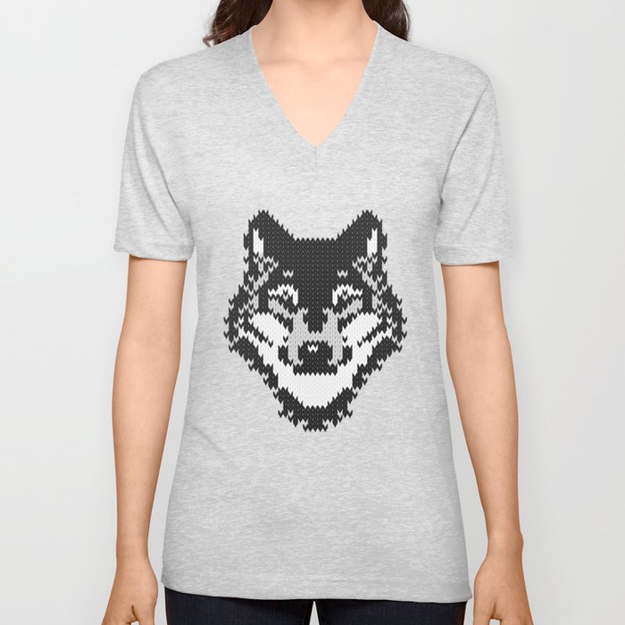 Fair isle knitting grey wolf // black and white wolves moons and pine trees V Neck T Shirt
