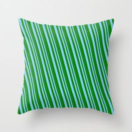 [ Thumbnail: Light Sky Blue & Green Colored Pattern of Stripes Throw Pillow ]