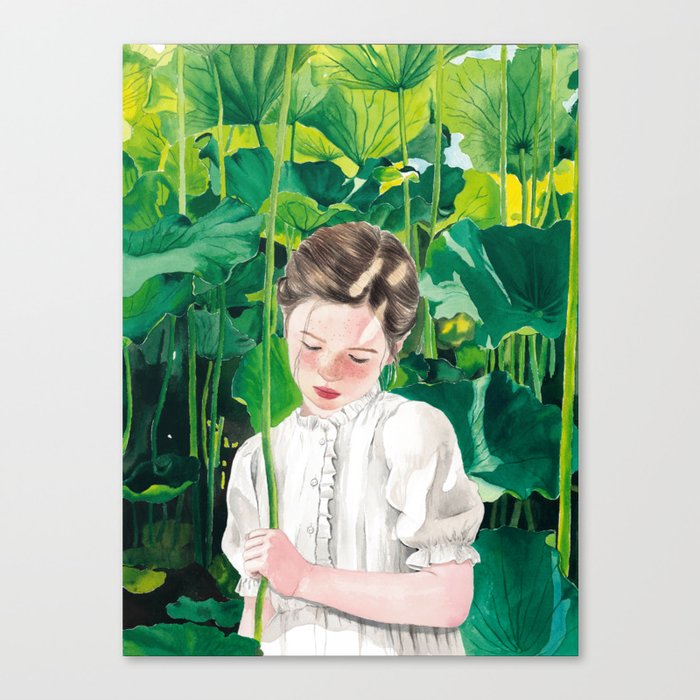 A Girl In The Waterlily Pond Hand-painted Illustration in Watercolour Canvas Print
