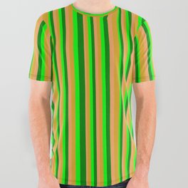 [ Thumbnail: Brown, Goldenrod, Lime, and Green Colored Striped/Lined Pattern All Over Graphic Tee ]