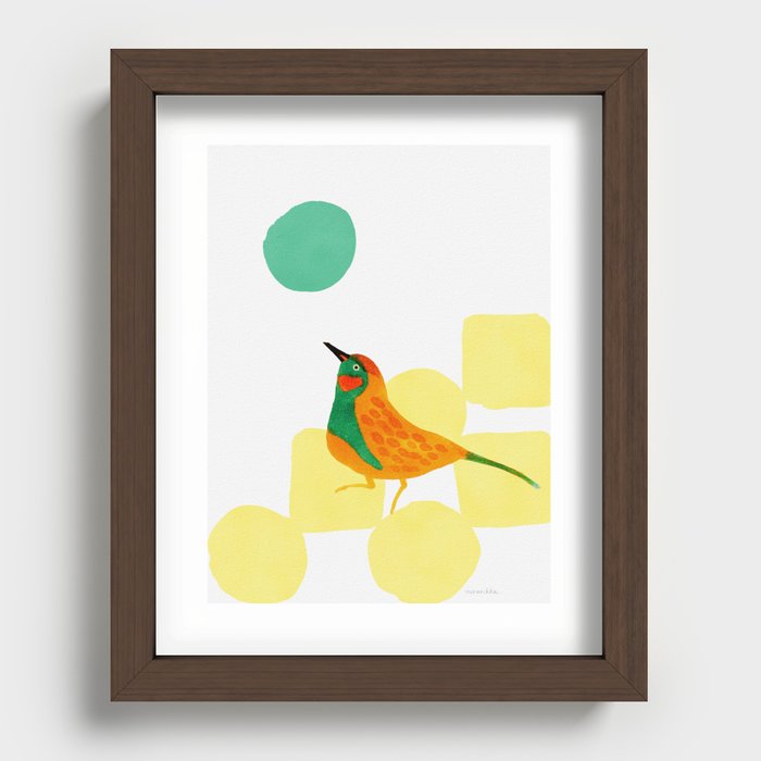 Hopping Bird - Orange and Yellow and Green Recessed Framed Print