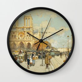 Figures on a Sunny Parisian Street, Notre Dame by Eugene Galien Laloue Wall Clock
