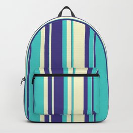 [ Thumbnail: Dark Slate Blue, Turquoise & Light Yellow Colored Striped/Lined Pattern Backpack ]
