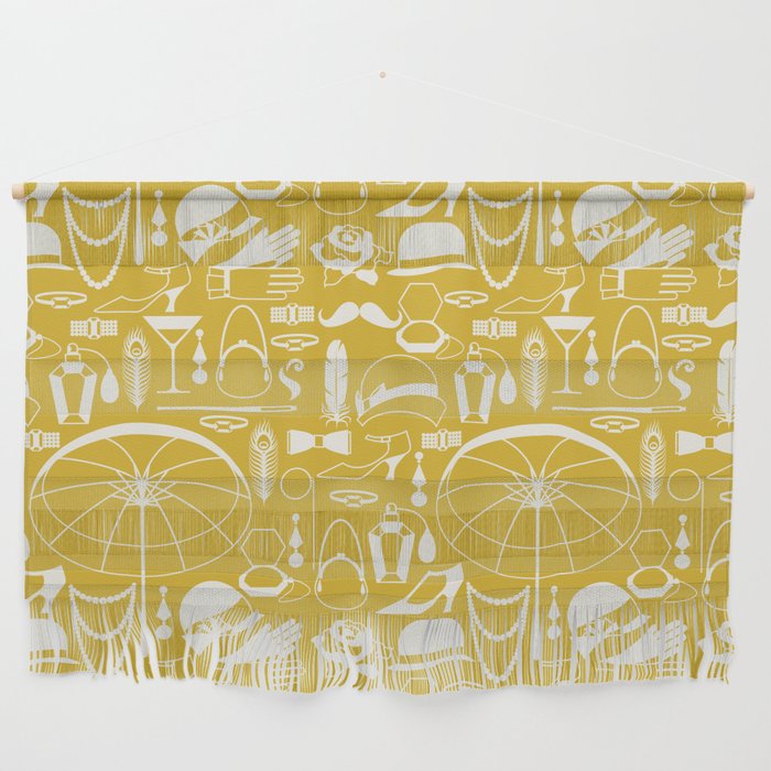 White Old-Fashioned 1920s Vintage Pattern on Mustard Yellow Wall Hanging