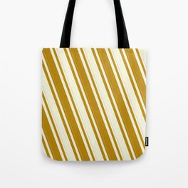 [ Thumbnail: Dark Goldenrod & Beige Colored Stripes Pattern Tote Bag ]