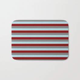 [ Thumbnail: Gray, Powder Blue, and Dark Red Colored Striped Pattern Bath Mat ]