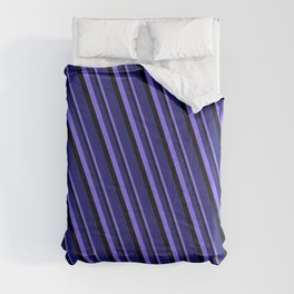 [ Thumbnail: Medium Slate Blue, Black, and Midnight Blue Colored Stripes Pattern Comforter ]